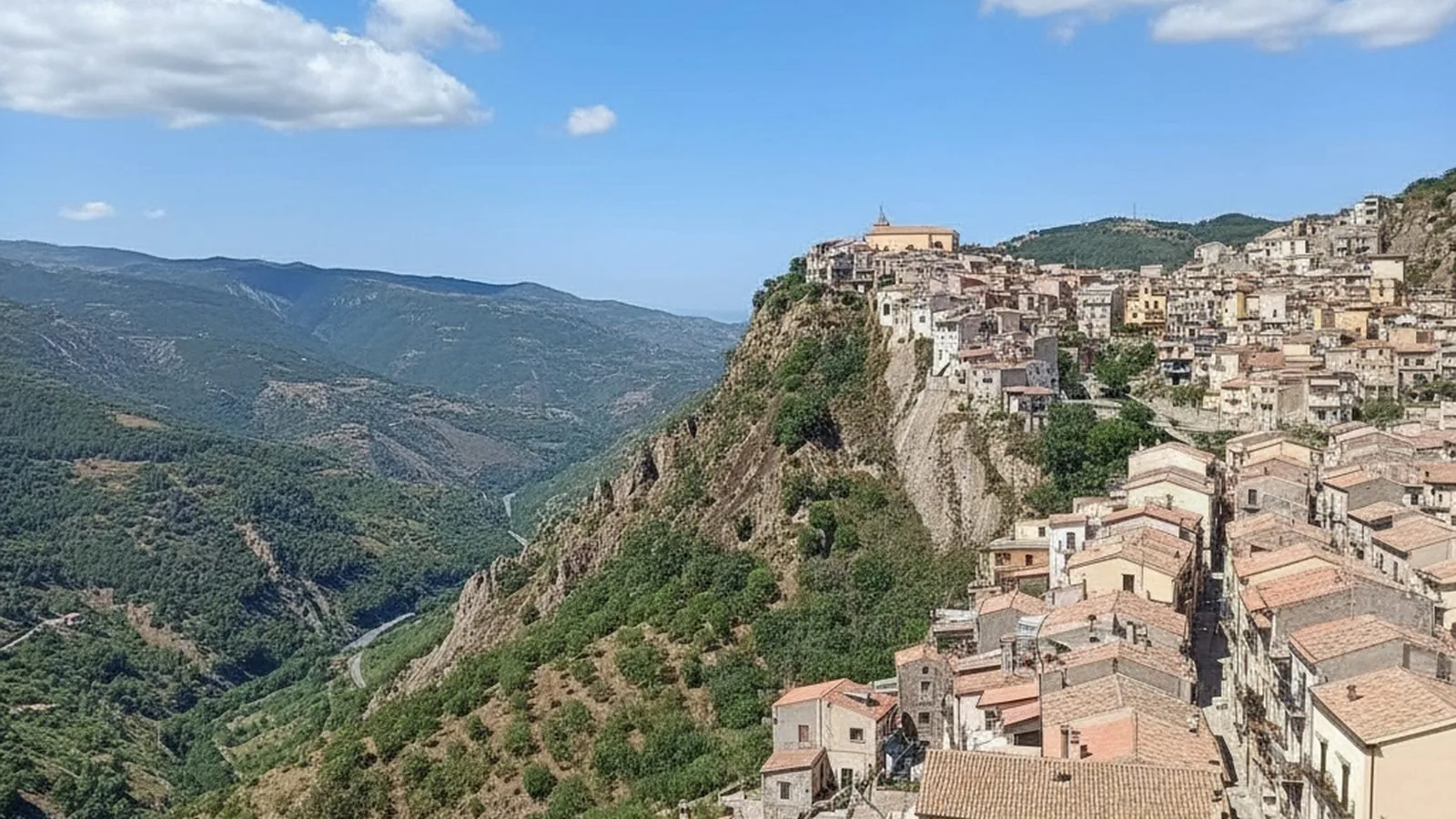 Il borgo di Motta Camastra arroccato sulla roccia sopra la valle