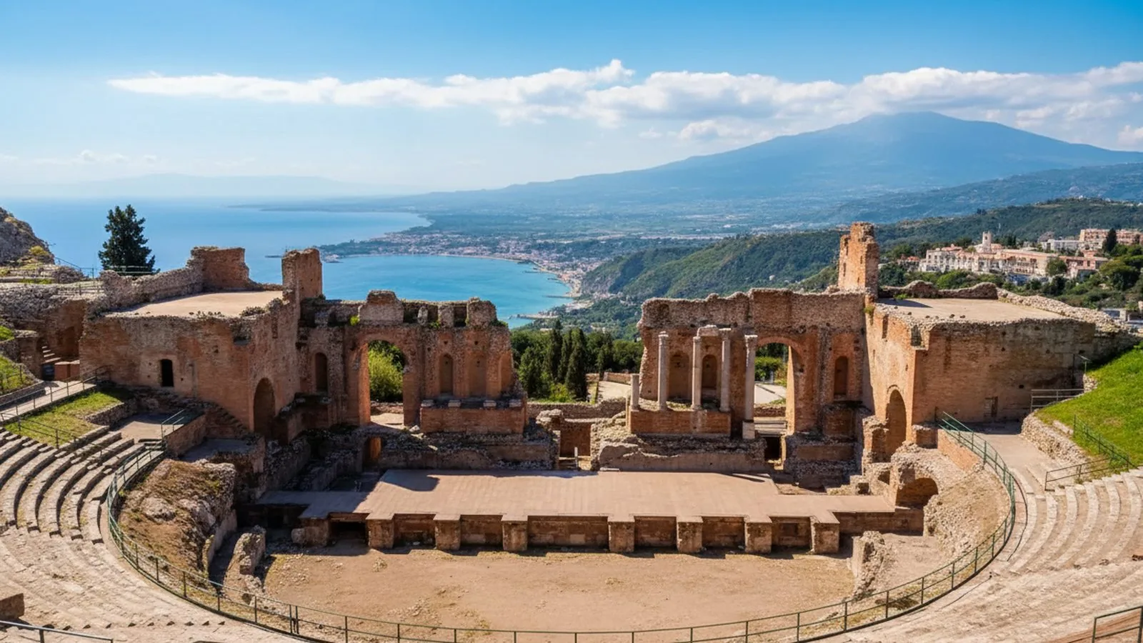 Il Teatro Antico di Taormina con il mare Ionio e l'Etna sullo sfondo
